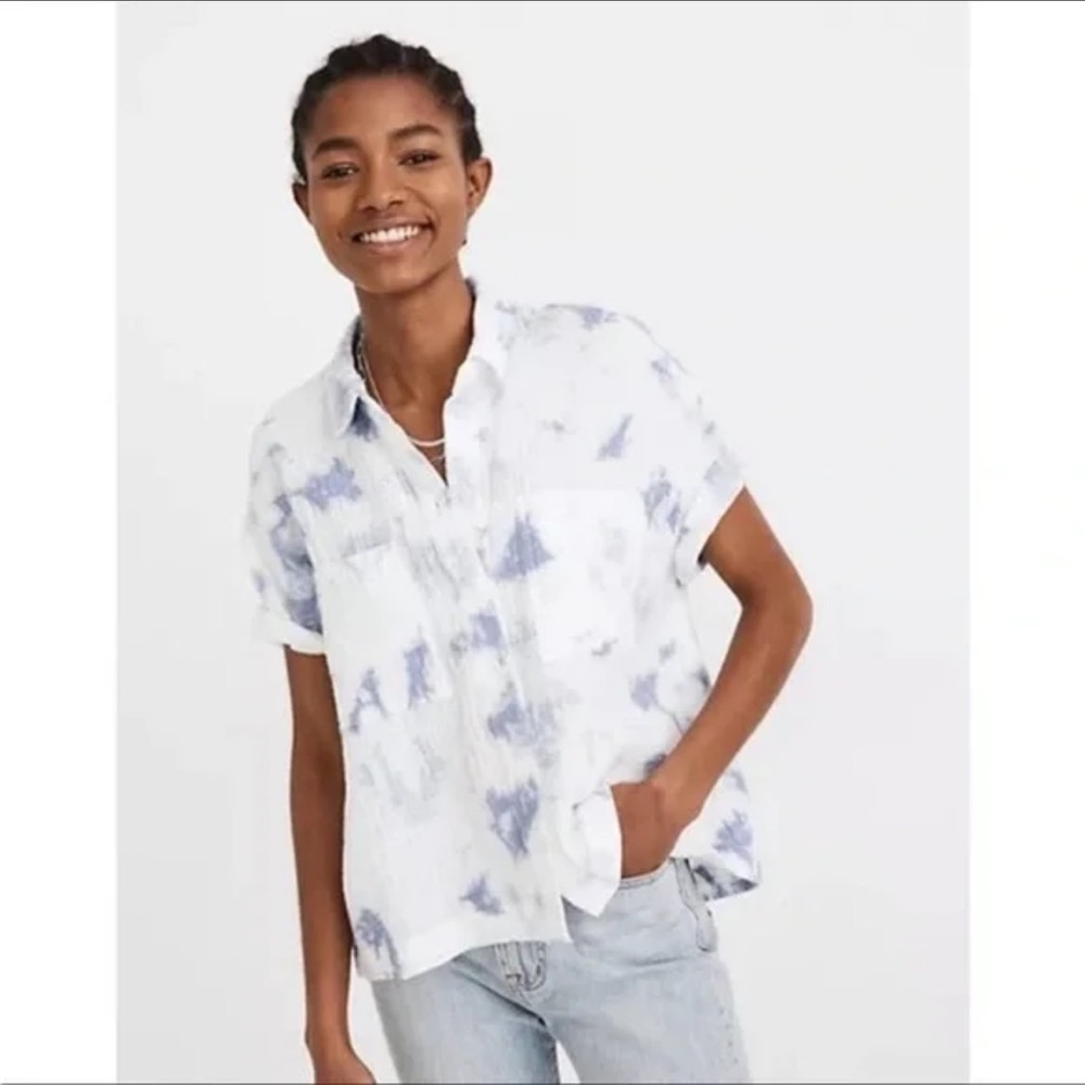 Madewell Blue and White Tie-Dye Textured Cotton Shirt so soft Size S